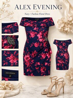 Alex Evenings 22W Navy Fuchsia Floral Off Shoulder Sheath Dress NWT